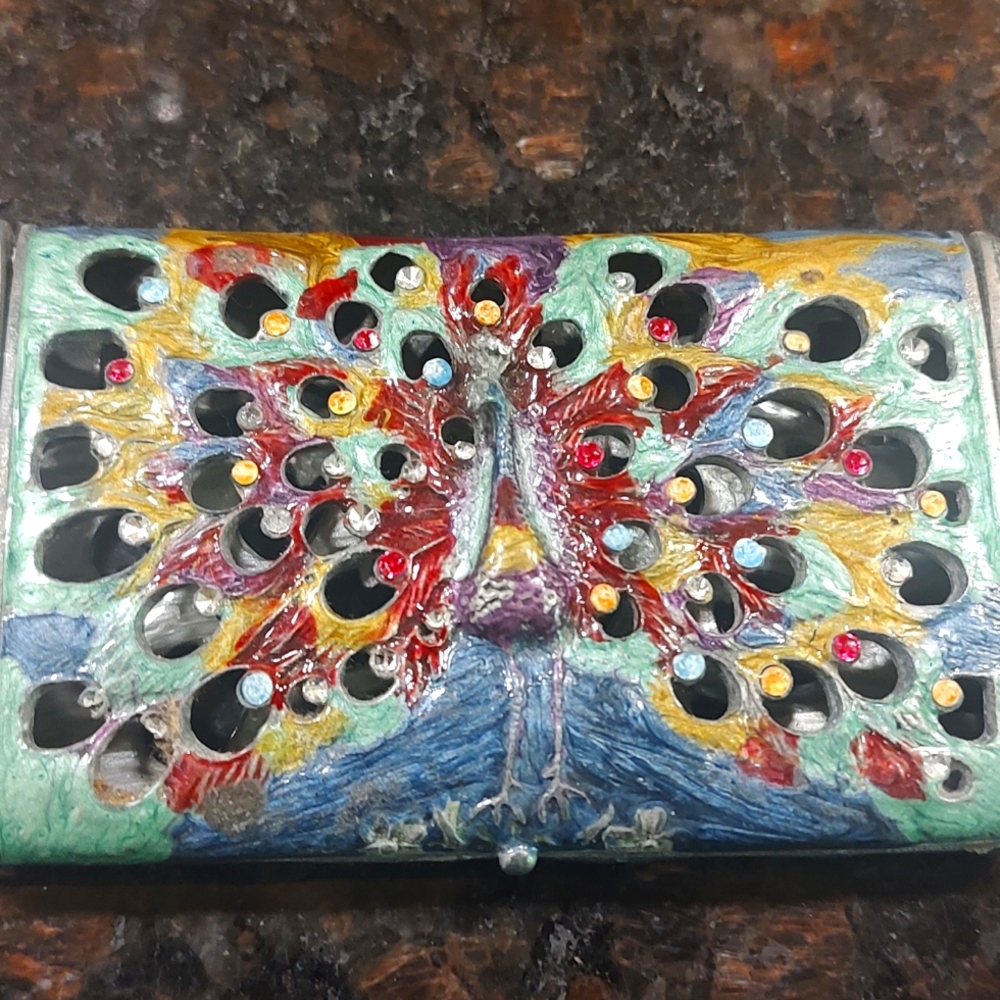 Business card holder heavy duty handmade peacock! Few small rhinestones missing